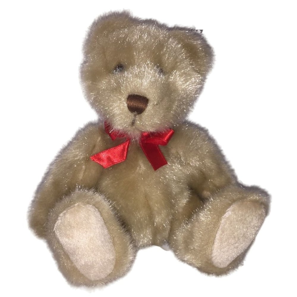 Vintage Tan Jointed Teddy Bear with Deep Red Ribbon. 7" Tall ( when sitting) - W